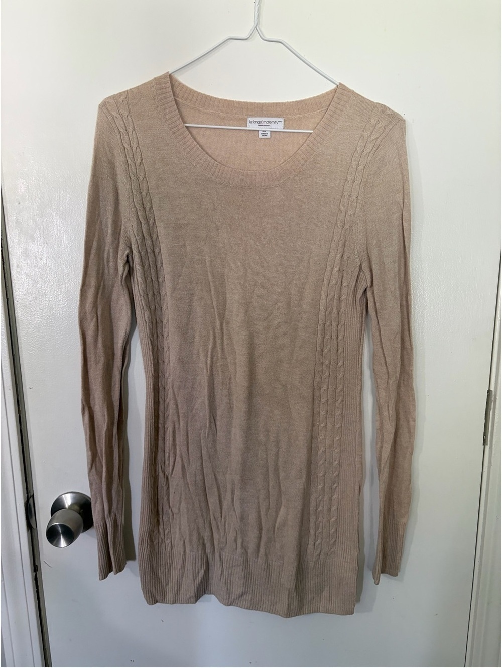Maternity Small Liz Lange Maternity Long Beige Cable-Knit Sweater Tunic Tote12